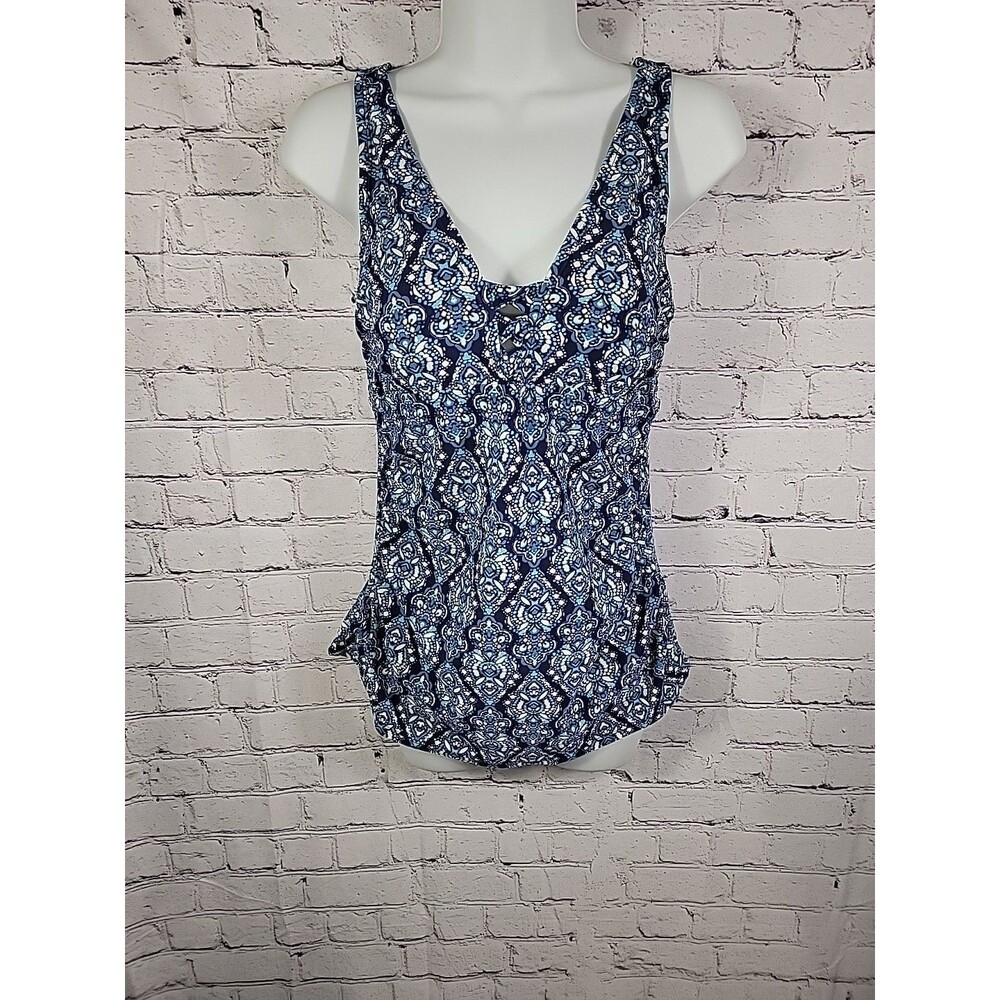 Womens Kona Sol Tankini Swim Top Size Med Blue/White Floral Adjustable Straps